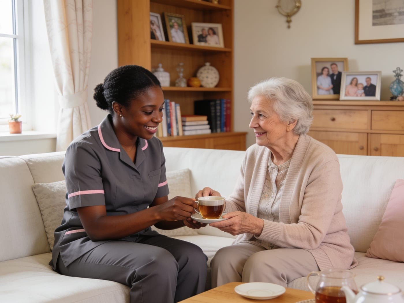 A Graceful Home Support companion sitting with an elderly client, sharing a cup of tea and a conversation